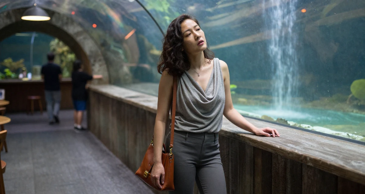 A exhausted Female From Wuhan China, studied marketing and communications in their 30, seeking adventure and outdoor challenges, wearing a draped neckline top and fitted slacks, carrying a leather handbag in a aquarium tunnel.