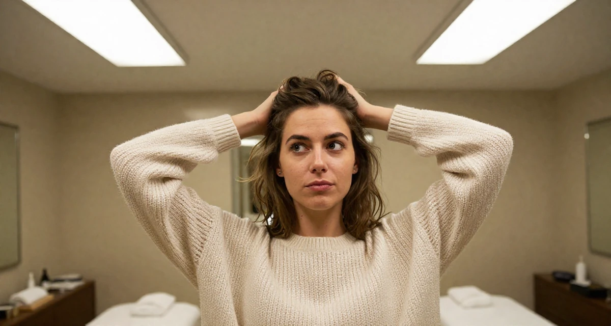 A placid Female Raised in Sweden, studied creative technology in their 21, full of rebellious spirit and curiosity, wearing a loose open-knit sweater showing skin underneath, messing up hair playfully in a luxury spa room.