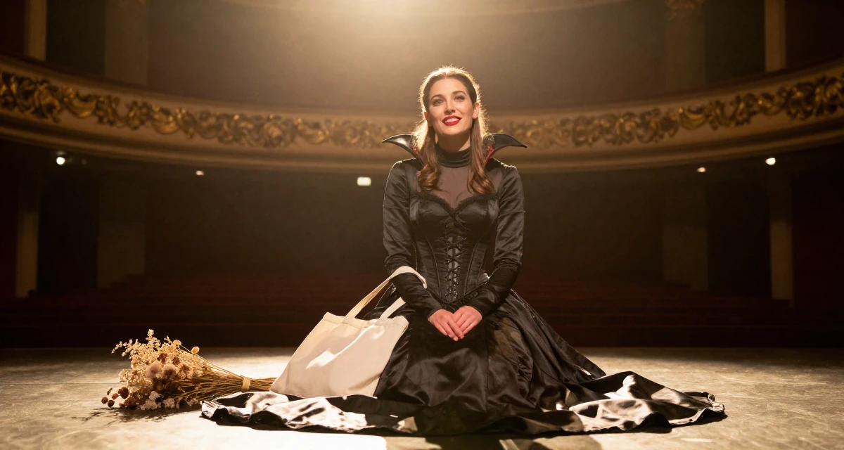 A charismatic Female From Melbourne Australia, studied creative directing for social content in their 32, exploring sustainable fashion and ethical living, wearing a vampire queen gown with a high collar and corset, carrying a tote bag in a theater stage.