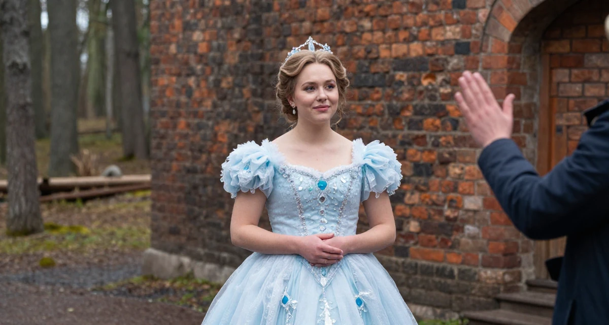 A relieved Female From Saint Petersburg Russia, studied visual storytelling in theatrical setups in their 27, feeling more comfortable in their own skin, wearing a snow queen gown with ice crystal details, waving to someone in a magical forest clearing.