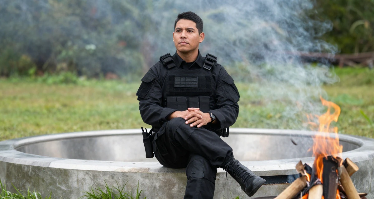 A focused male From Ecuador, studied system engineering in their 30, planning a dream wedding on a budget, wearing a special forces tactical suit in matte black, crossing legs in a campfire circle.