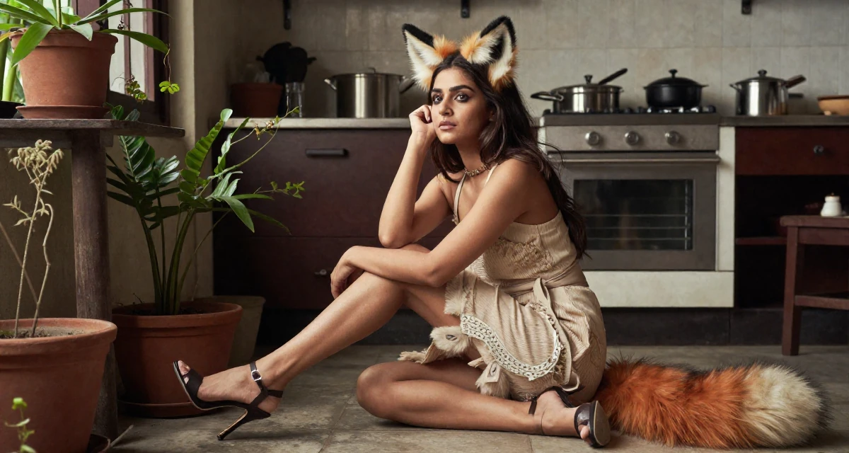 A contemplative Female Raised in Bangladesh, studied consumer insights in their 28, feeling a renewed sense of ambition, wearing a fox spirit (kitsune) outfit with fluffy ears and tails, dangling a shoe from one foot in a rustic kitchen.