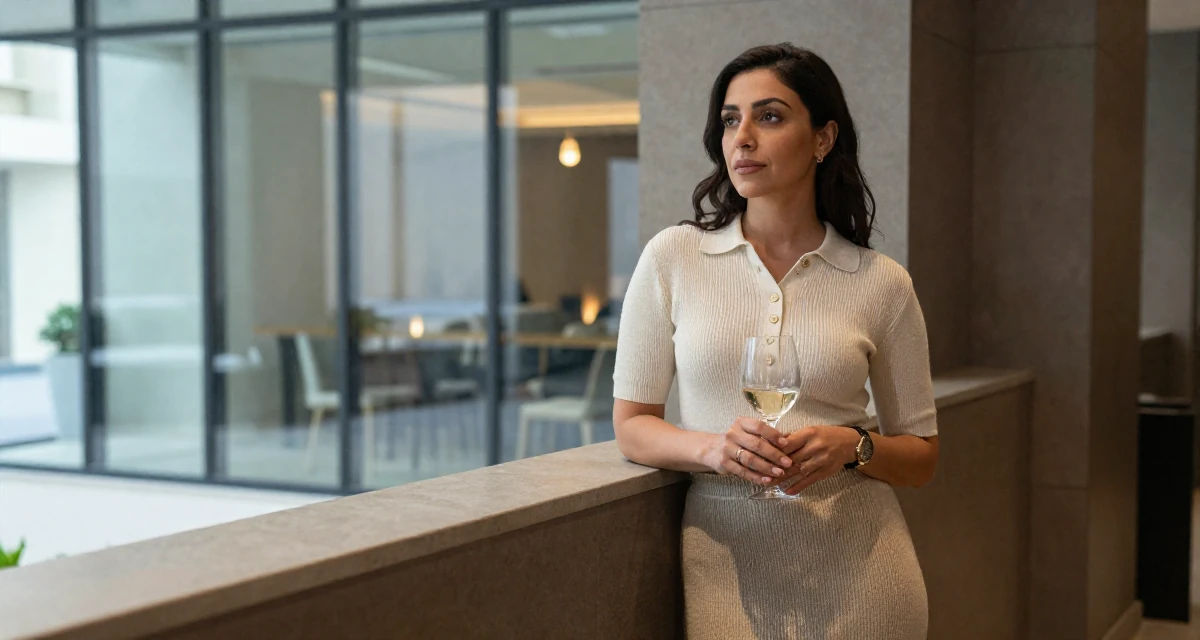 A cool and collected Female From Arabic-speaking world, majored in health administration in their 35, celebrating a major career milestone, wearing a knitted polo shirt tucked into a midi skirt, holding a wine glass by the stem in a cinema lobby.