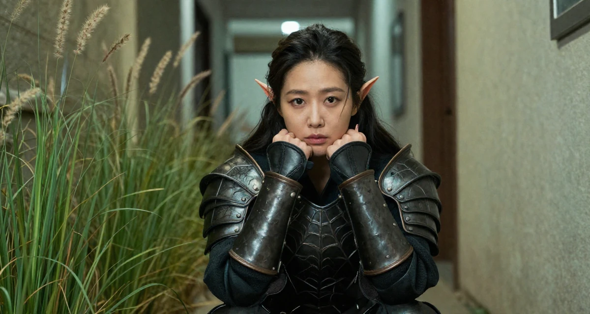 A resilient Female From South Korea, trained in broadcasting and media in their 35, passionate about classical music and art, wearing a dark elf leather armor with spiderweb motifs, gripping a lapel in a narrow hallway.