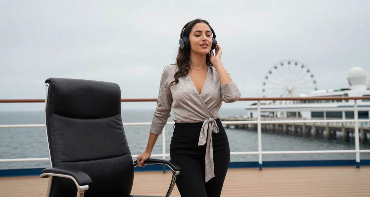 A magnetic Female From Guadalajara Mexico, majored in business analytics in their 39, recently moved to a new city, wearing a wrap blouse with a deep neckline, listening to music with headphones in a cruise ship deck.