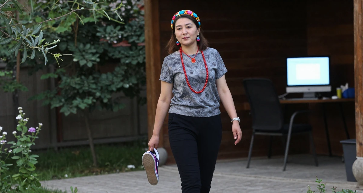 A poised Female From Kyrgyzstan, majored in public health in their 23, embracing flirtatious storytelling in creative sets, wearing a pop of color accessory look, tapping a foot in a garden patio.