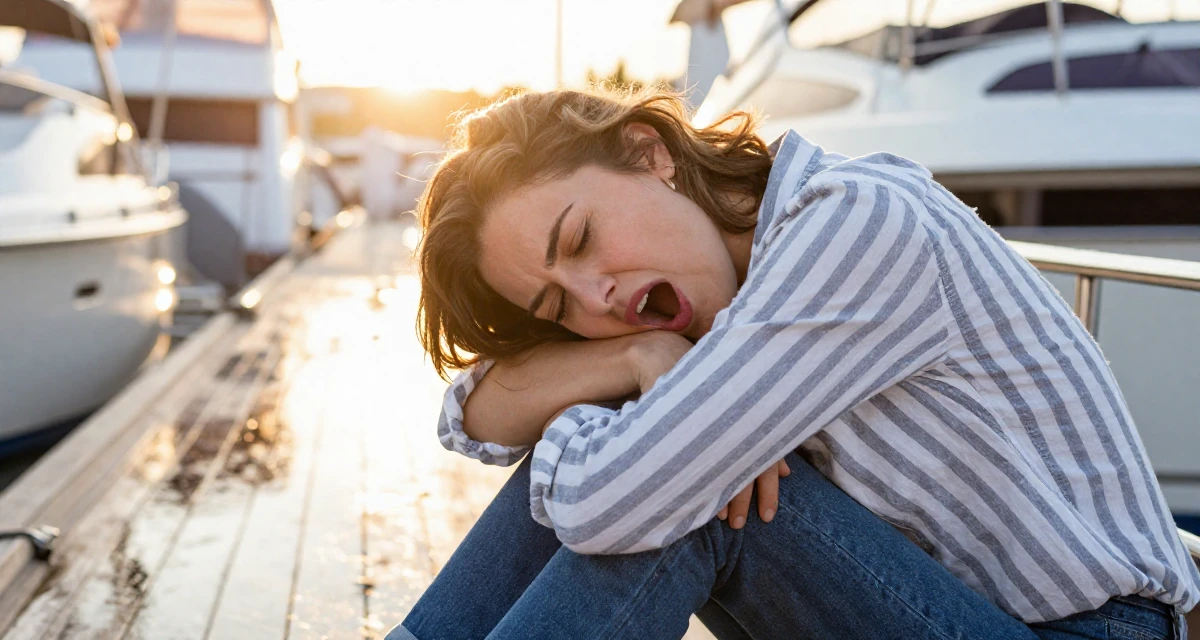 A vibrant Female Previously a chemistry student, now shooting artistic self-portrait content in their 45, exploring hobbies neglected during younger years, wearing a classic striped shirt and jeans, stifling a yawn in a yacht deck.