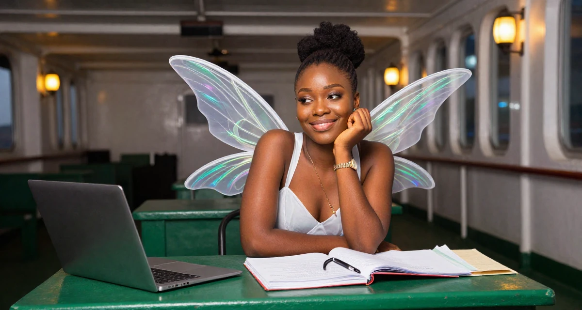 A whimsical Female From Abuja Nigeria, studied public administration in their 20, balancing part-time jobs with intense study schedules, wearing a fairy costume with translucent iridescent wings, laughing softly in a ferry deck.