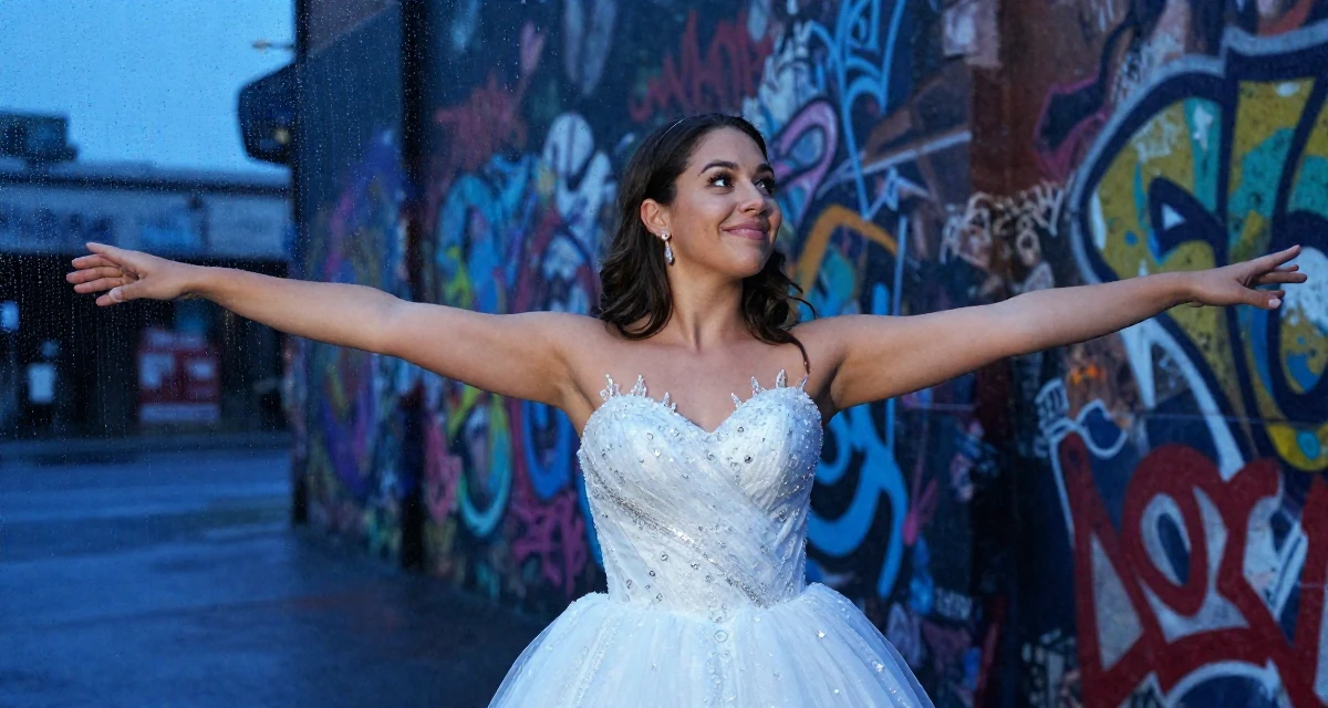 A charismatic Female From Australia, has a degree in environmental science in their 31, exploring advanced investment strategies, wearing a snow queen gown with ice crystal details, stretching arms in a graffiti art wall.