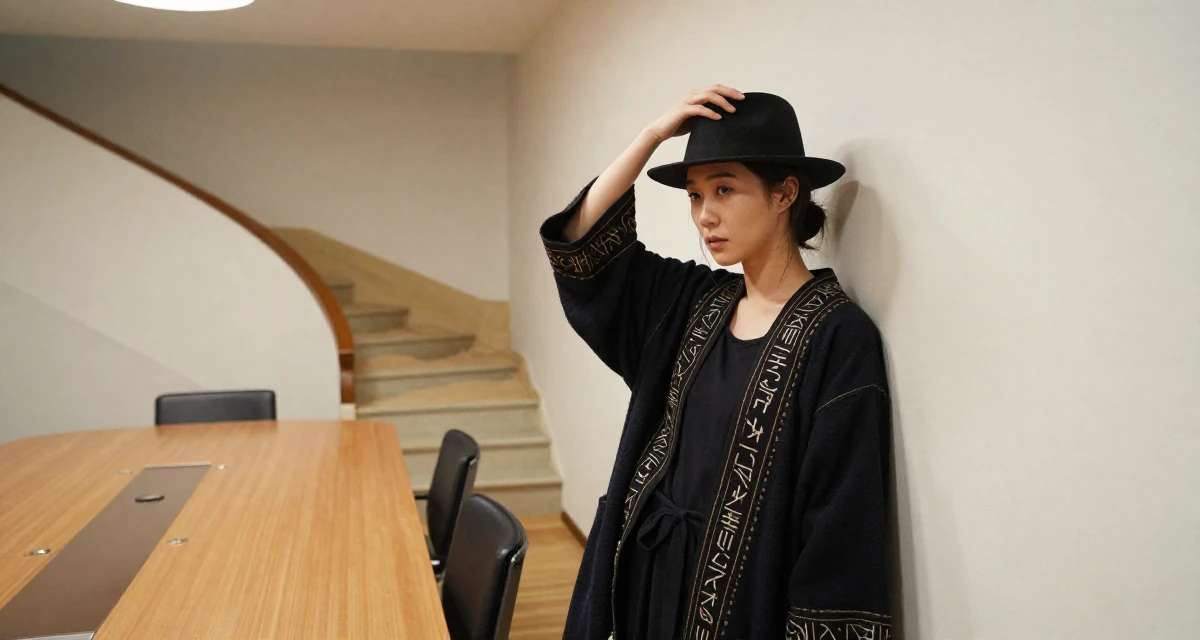 A enigmatic Female From Busan South Korea, trained at a private dance academy in their 35, balancing a PhD study with content creation, wearing a cultist robe with mysterious rune embroidery, adjusting a hat in a winding staircase.