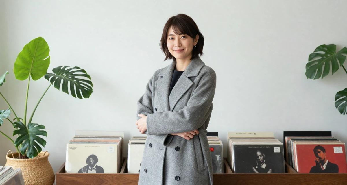 A friendly Female From Japan, studied English literature in their 22, developing a bold persona that feels authentically “me”, wearing a elegant woolen coat styling, adjusting sleeves in a vintage record store.