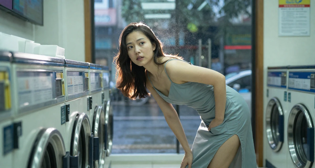 A curious Female From Hangzhou China, majored in visual arts in their 30, recovering workaholic learning to relax, wearing a short slip dress with a thigh-high slit, looking for something in a pocket in a laundromat.