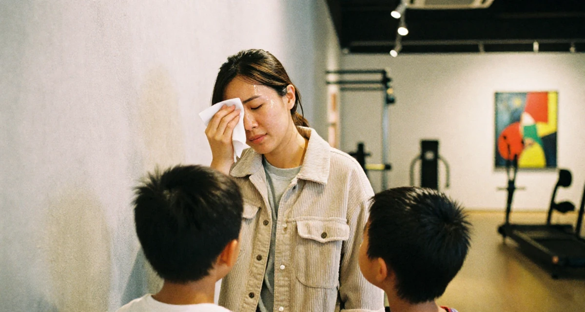 A unbothered Female Grew up in Malaysia, studied social media management in their 45, helping kids apply for college and empty nesting, wearing a soft texture corduroy jacket, wiping sweat from the brow in a gym interior.
