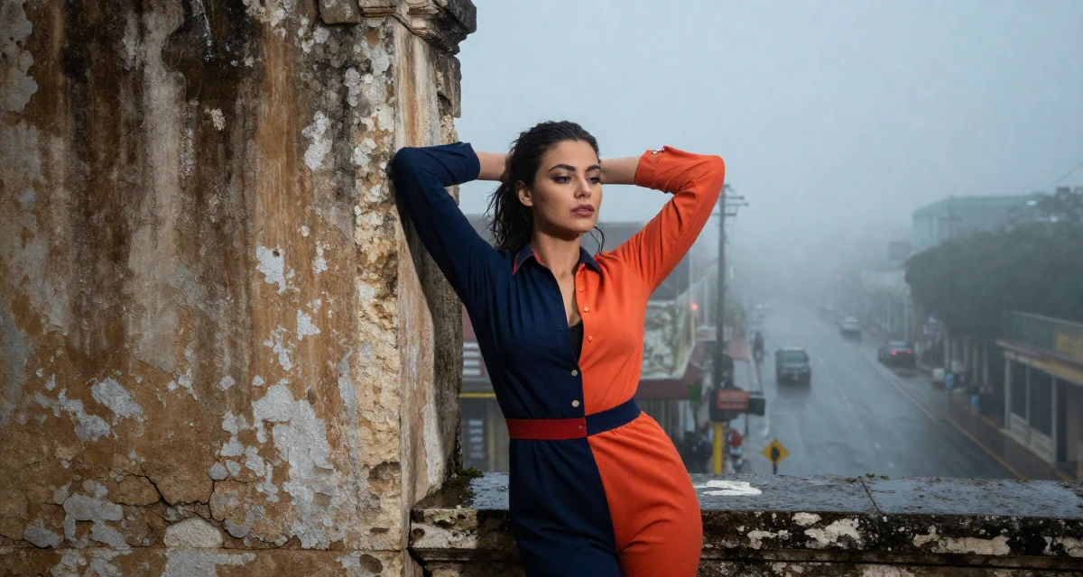 A proud and dignified Female From Miami USA, studied hospitality and tourism in their 22, creating slow-burn sensual concepts, wearing a bold color-block outfit, rubbing hands together for warmth in a ancient stone ruins.