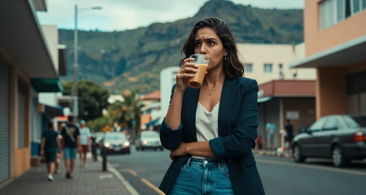 A awestruck Female From Mauritius, studied digital marketing in their 24, refining a signature style between classy and daring, wearing a business casual outfit with jeans and a blazer, sipping a warm drink in a bustling city street.