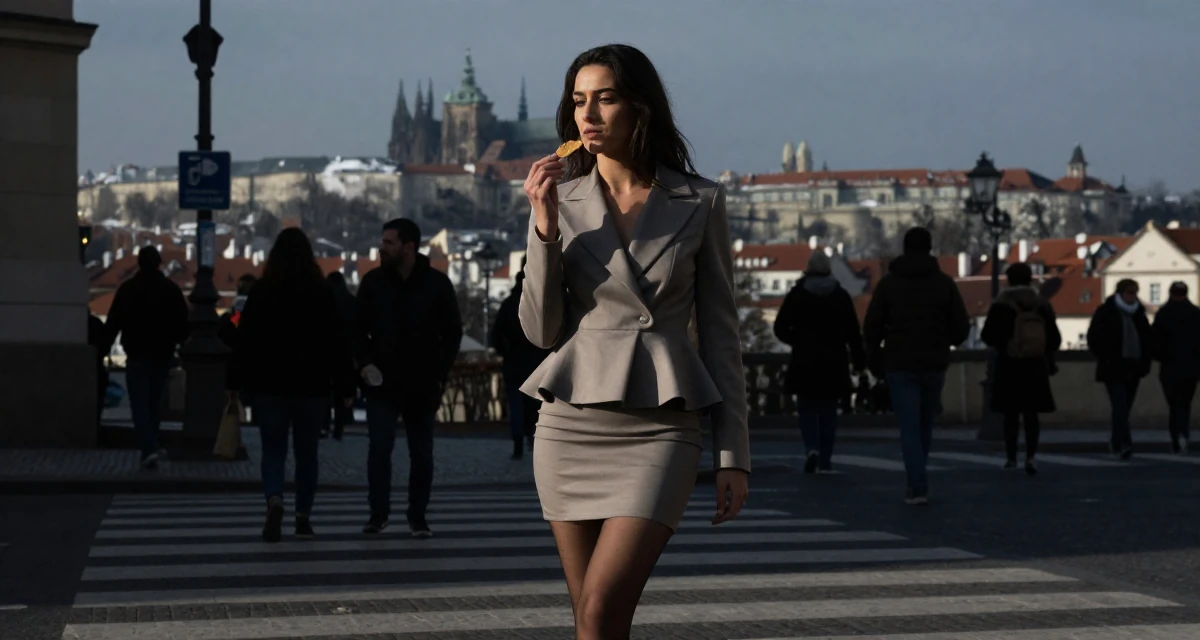 A deeply thinking Female From Prague Czech Republic, majored in multimedia journalism in their 24, crafting visual stories with romantic–sensual undertones, wearing a structured peplum jacket and a tight skirt, holding a snack in a busy crosswalk.