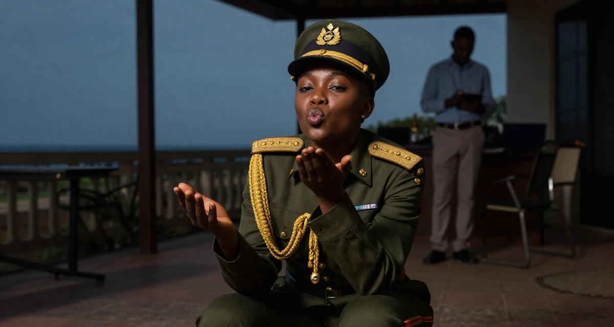 A self-assured Female From Ivory Coast, studied music production in their 24, juggling edits, shoots, and a boss who texts on weekends, wearing a military general uniform with gold braiding and a hat, blowing a kiss in a sunny patio.