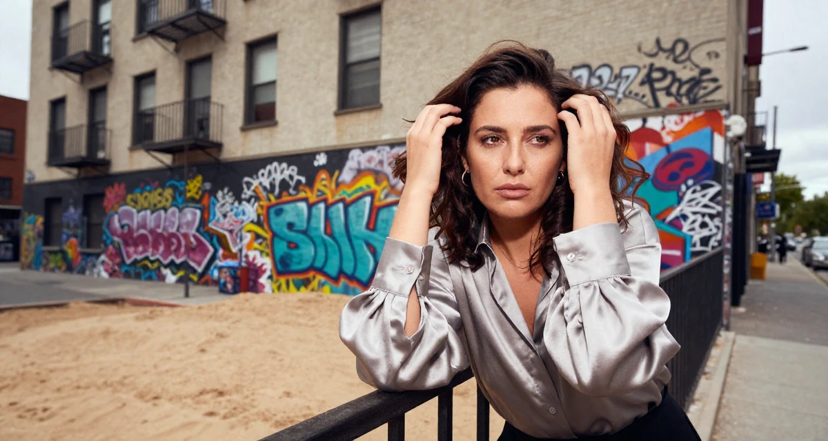 A dazed Female Once a logistics coordinator, now creating body-positivity material in their 36, building a community for working moms, wearing a silk blouse with oversized cuffs, retouching hair volume in a urban street.