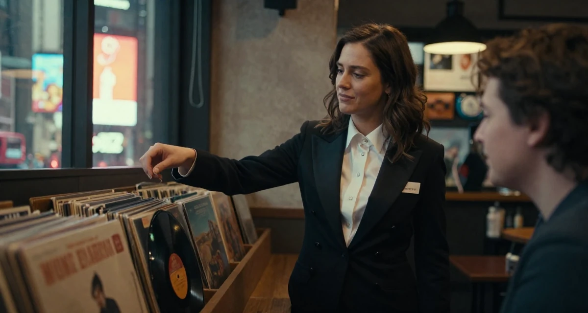 A pensive Female Once a geography teacher, now producing warm travel-inspired content in their 23, refining their taste in art and music, wearing a circus ringmaster outfit with a tailcoat, smiling at a stranger in a cozy café.