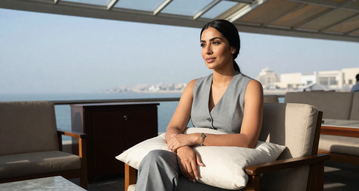 A proud and dignified Female From Abu Dhabi UAE, studied finance and banking in their 40, starting a business after years of corporate life, wearing a grey vest and matching trousers outfit, hugging a pillow or cushion in a foggy harbor.