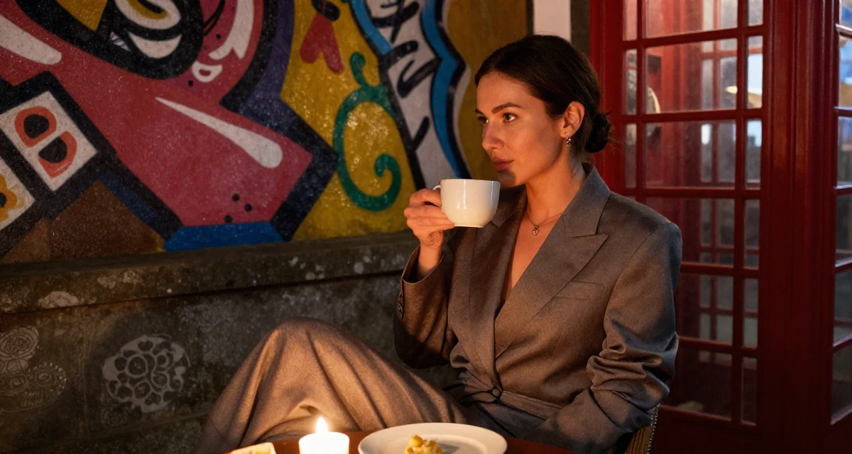 A relaxed Female From Finland, studied graphic design and branding in their 28, projecting an image of effortless success, wearing a sleek modern tailored look, holding a cup of coffee in a Japanese Shinto shrine.