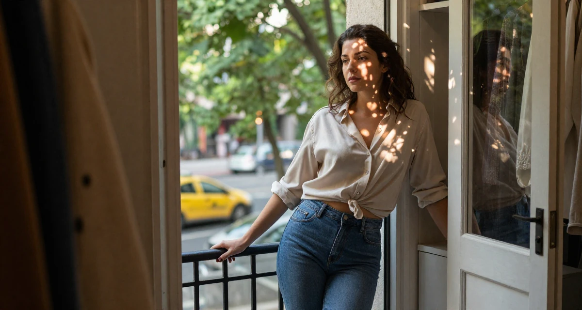 A reassured Female From Turkey, majored in mechatronics in their 25, confident enough to wear what they truly like, wearing a loose fitting blouse tucked into tight jeans, leaning against a door in a walk-in wardrobe.