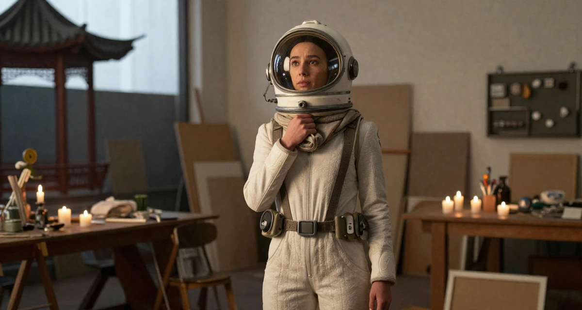 A longing Female From Australia, studied sports science and nutrition in their 27, dealing with the emotional cost of visibility, wearing a retro sci-fi space girl outfit with a bubble helmet, wrapping a scarf around the neck in a artist workshop.