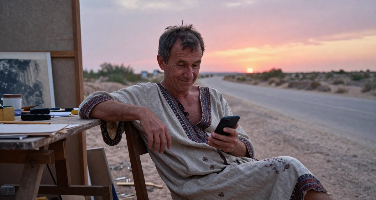 A witty male Born in Ukraine, majored in creative communication in their 50, inspiring others to start over at any age, wearing a relaxed bohemian style dress, reading a text message in a artist workshop.