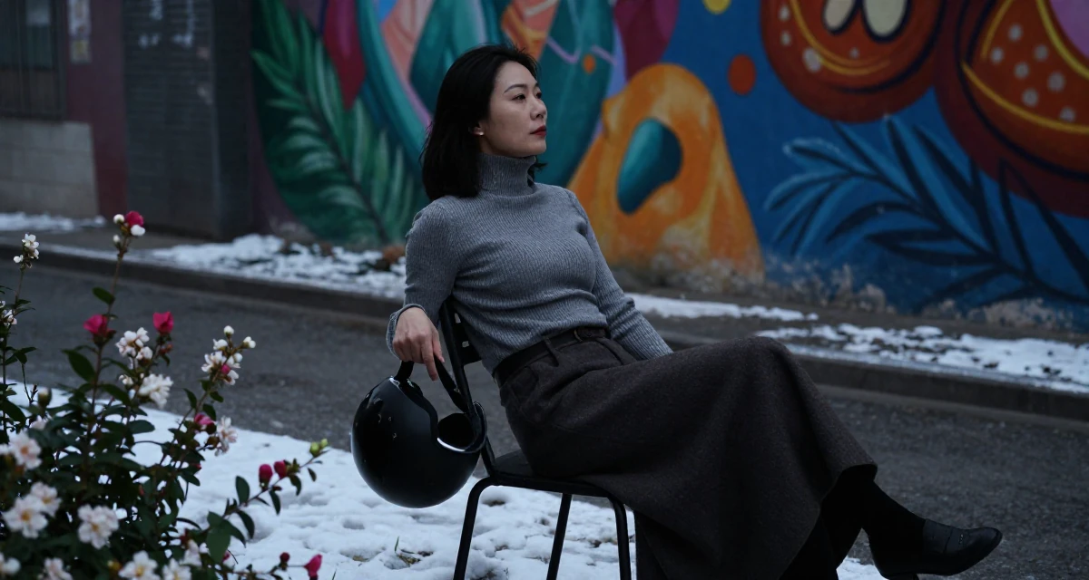 A wistful Female From Guangzhou China, learned fashion styling through studio work in their 40, re-evaluating life goals with clarity, wearing a ribbed mock neck top and a long wool skirt, holding a helmet in a snowy sidewalk.