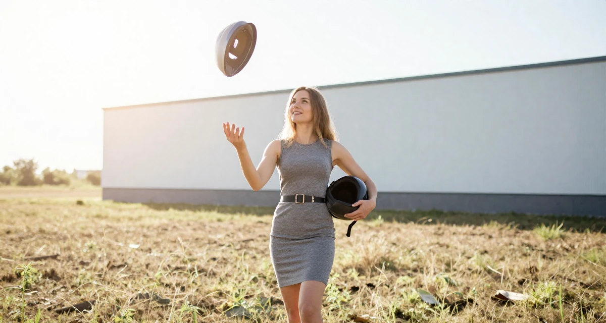 A bright and optimistic Female From Belarus, studied performance media in their 23, juggling low-paying jobs while squeezing time for content, wearing a fitted sleeveless shift dress with a belt, holding a helmet under one arm in a farm field.