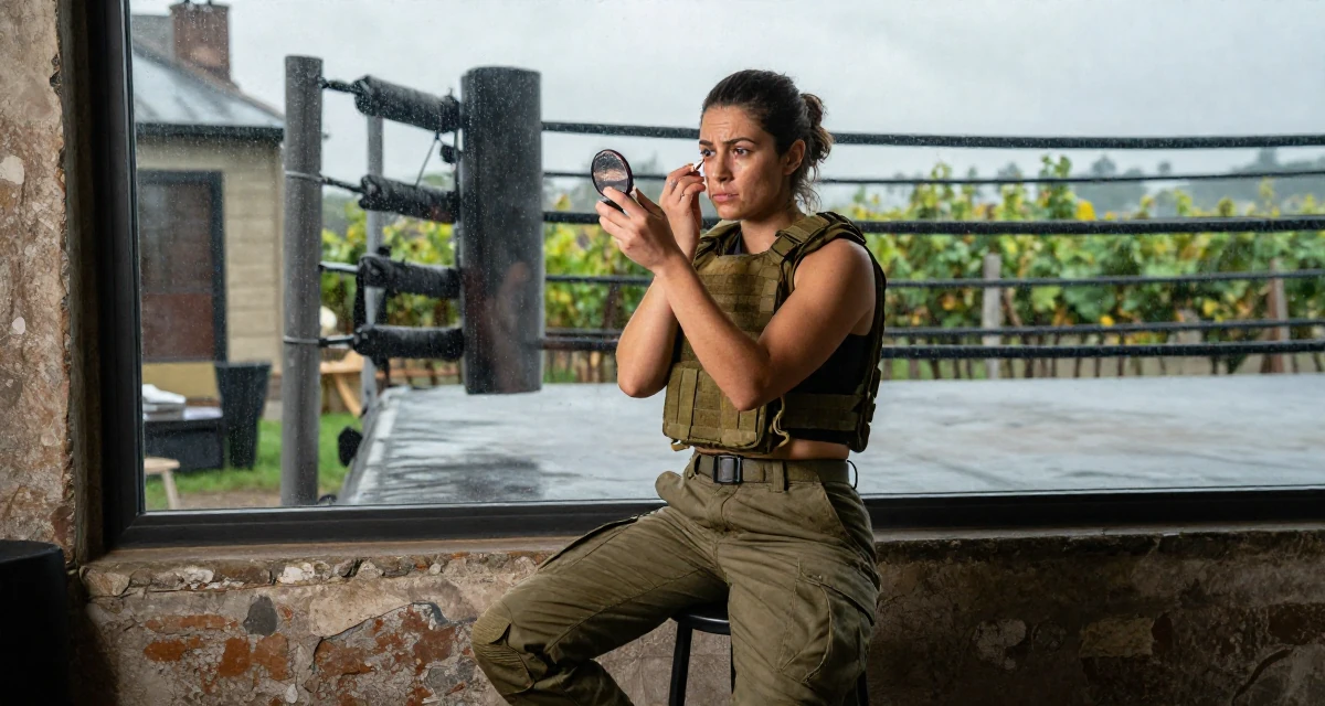 A bored Female Previously a stay-at-home mom, now monetizing relatable lifestyle content in their 25, developing a stronger creator identity and niche, wearing a tactical military gear with a cropped vest and cargo pants, checking makeup in a compact mirror in a boxing ring.