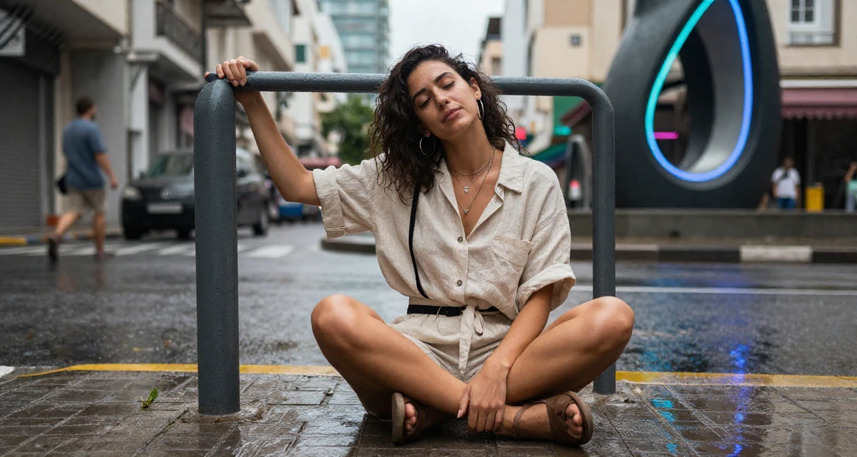 A relieved Female From Tunisia, majored in data science in their 22, dealing with inconsistent motivation, wearing a chic summer linen outfit, holding a railing in a rainy street corner.