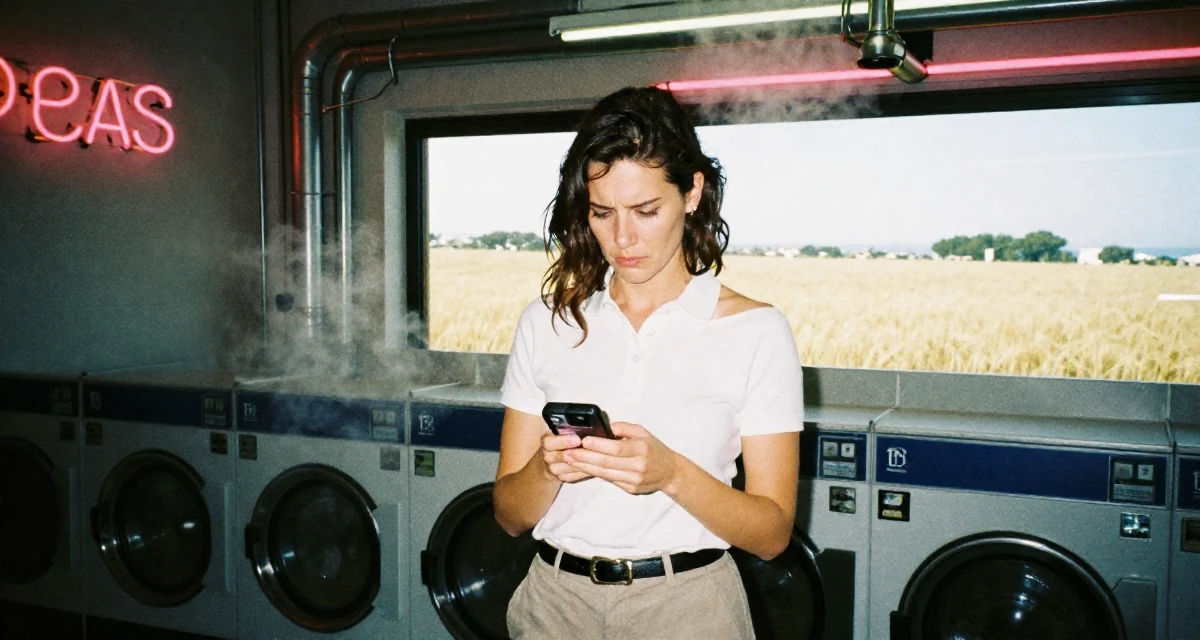 A troubled Female From Marseille France, trained in Mediterranean beach modeling in their 40, celebrating a decade of professional mastery, wearing a smart polo shirt and slacks, typing a message in a laundromat with neon signs.