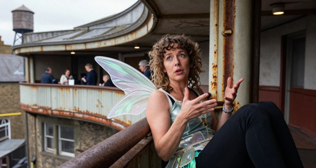 A grounded Female Born in Wales, majored in education studies in their 46, wellness advocate for women over 40, wearing a fairy costume with translucent iridescent wings, gesturing while talking in a opera house balcony.