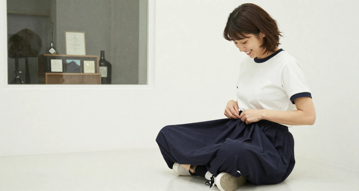 A delighted Female From Japan, majored in psychology in their 41, rediscovering personal style after forty, wearing a school gym uniform with bloomers and a white t-shirt, smoothing down a dress in a music recording studio.