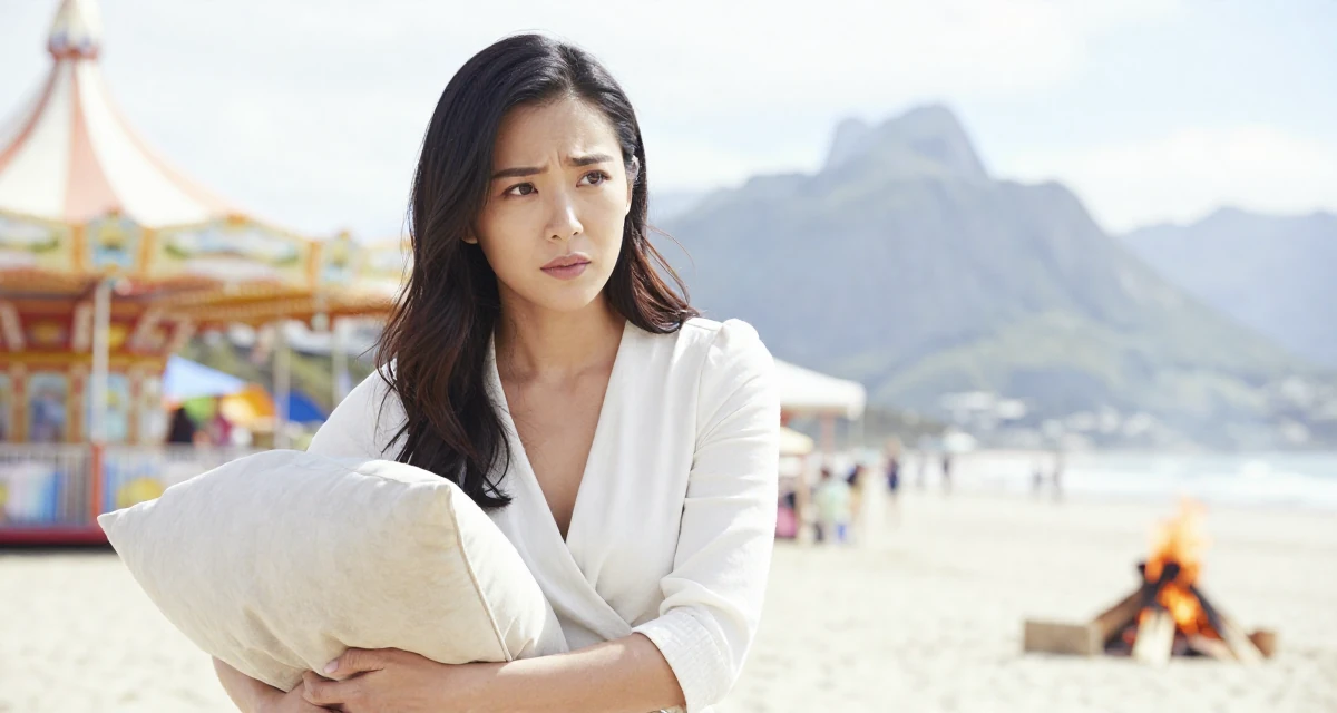 A romantic Female From Australia, has a diploma in business administration in their 25, making peace with early awkward content, wearing a wrap blouse with a deep neckline, hugging a pillow or cushion in a carnival with rides.