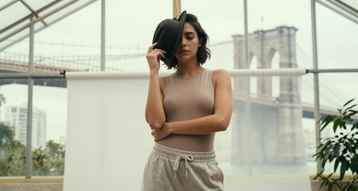 A timid Female From Israel, based in Tel Aviv, graduated from an arts program majoring in sensual character creation in their 25, establishing a distinct personal brand, wearing a high-cut bodysuit paired with loose jogging bottoms, holding a hat in a greenhouse interior.