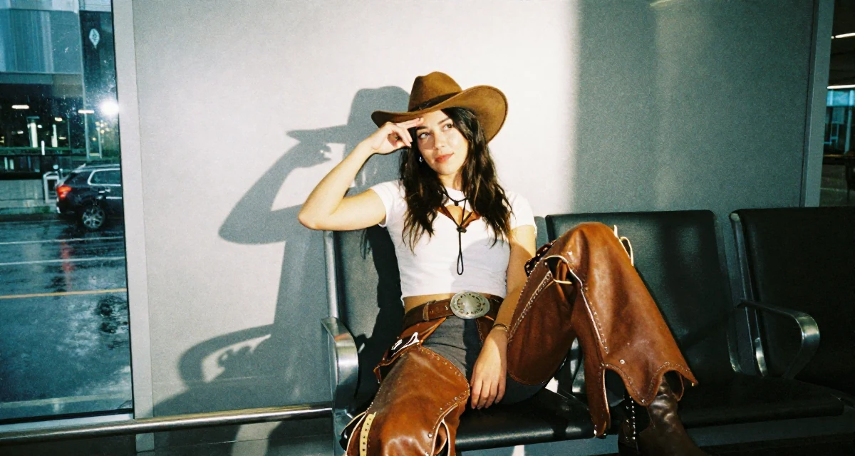 A playful Female From Canada, has a diploma in graphic design in their 42, restarting career after burnout, wearing a wild west cowgirl outfit with chaps and a hat, resting a hand on the forehead in a airport terminal.