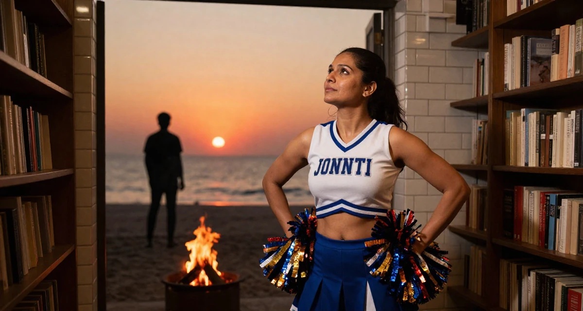 A resolute Female From Bangalore India, holds a degree in software engineering in their 40, fit and active lifestyle advocate, wearing a cheerleader uniform with a cropped top and pom-poms, gazing at the sky in a bookstore aisle.