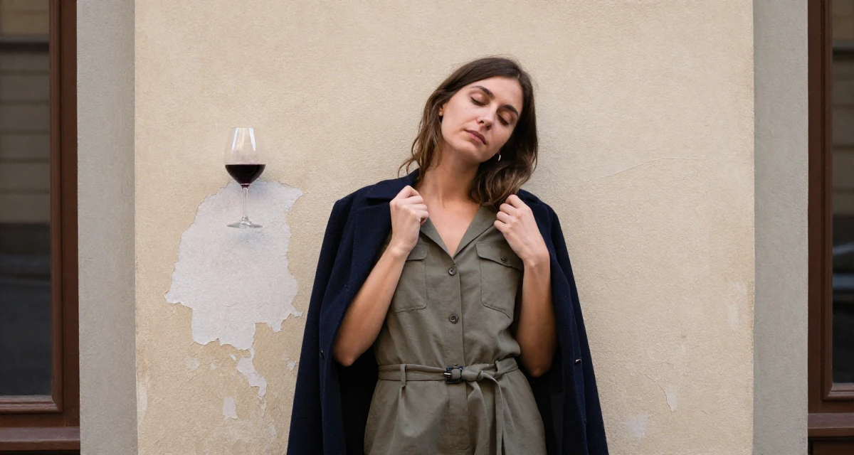 A sleepy Female From Germany, majored in environmental science in their 41, expert in digital marketing for small biz, wearing a chic jumpsuit styling, adjusting a collar in a neon-lit street.