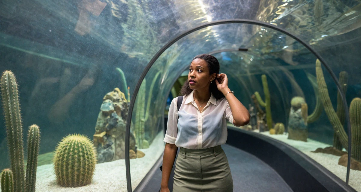 A curious and focused Female From Burundi, studied business accounting in their 30, seeking adventure and outdoor challenges, wearing a sheer sleeve blouse and a high-waisted skirt, tucking hair behind an ear in a aquarium tunnel.