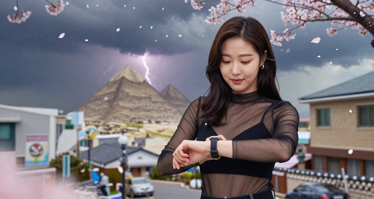 A friendly and approachable Female From South Korea, based in Jeju, graduated from a fashion school majoring in body language aesthetics in their 20, dealing with the first major heartbreak, wearing a sheer mesh top layered over a black bralette, checking a wristwatch in a historic downtown.
