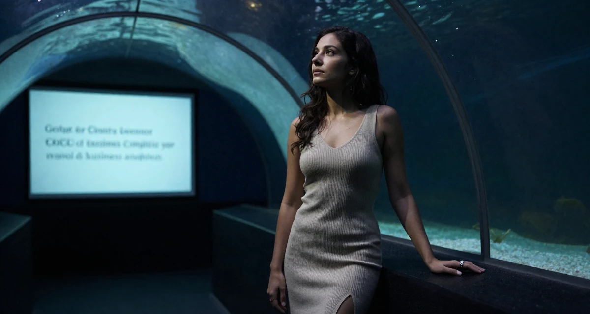 A serene Female From Guadalajara Mexico, majored in business analytics in their 22, realizing their parents were right about sleep, wearing a fitted knit dress with a side slit, playing with a ring on a finger in a aquarium tunnel.