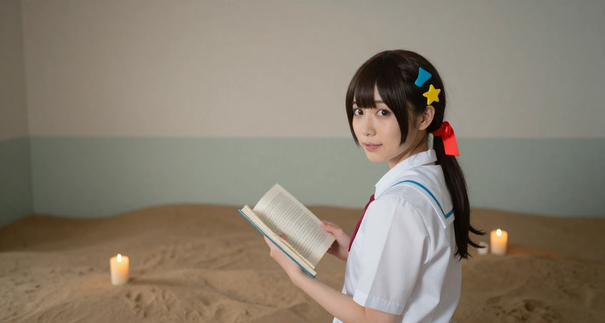 A radiant Female From Japan, majored in animation in their 22, experimenting with cosplay or themed shoots, wearing a pop of color accessory look, opening a book in a abandoned hospital.