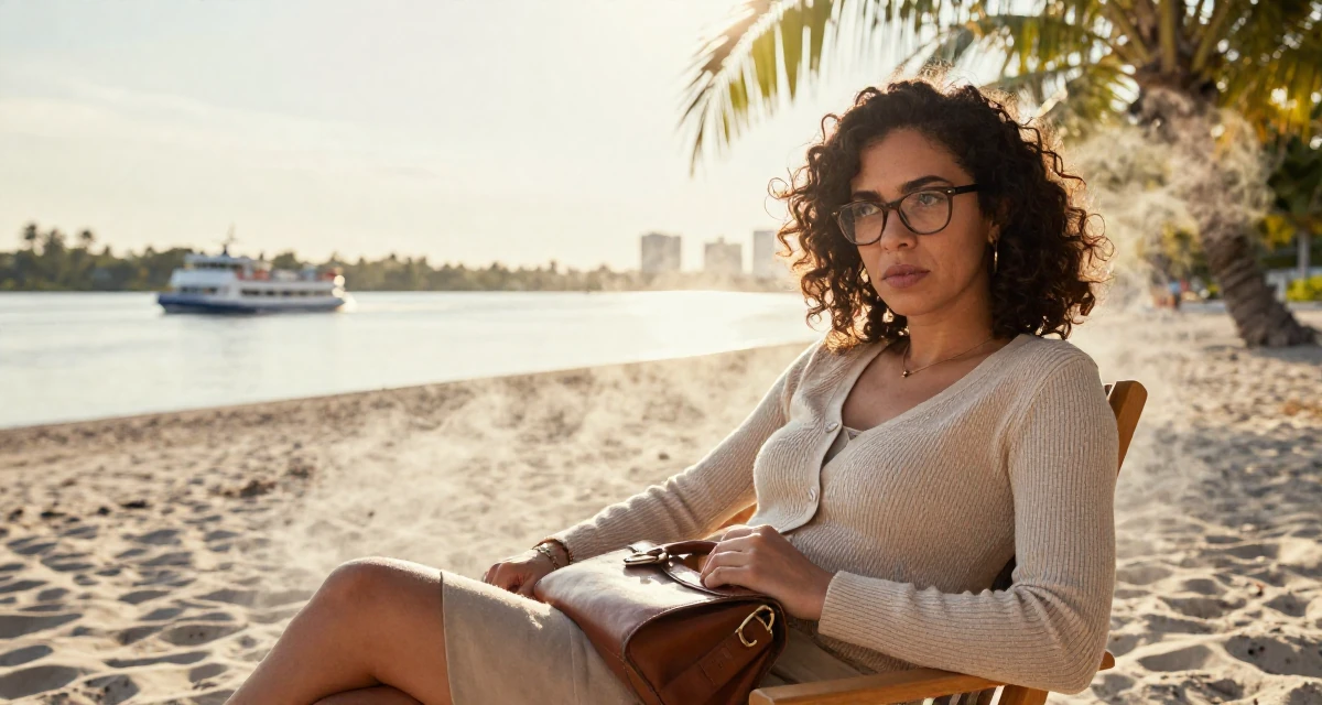 A fearless Female From Toronto Canada, studied criminology in their 32, sharing budget-friendly interior design tips, wearing a librarian outfit with glasses and a tight cardigan, carrying a leather handbag in a tropical white sand beach.