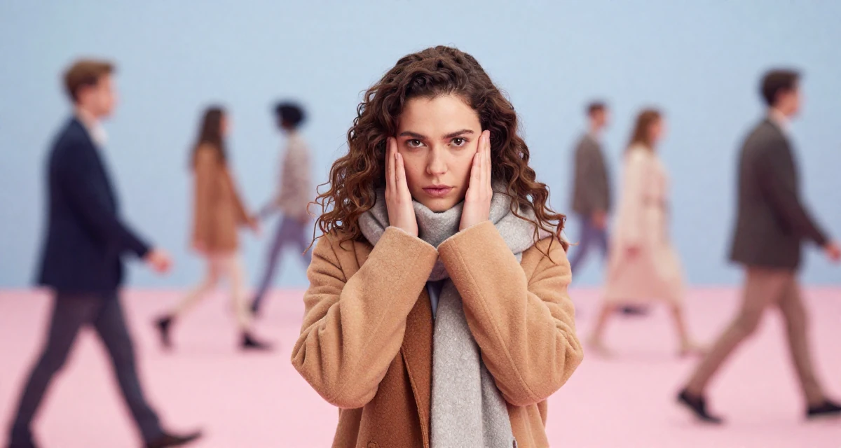 A stoic Female Once a dog trainer, now a pet-friendly lifestyle content creator in their 22, forcing confidence even on days with no energy, wearing a layered autumn coat and scarf, retouching hair volume in a photo studio.