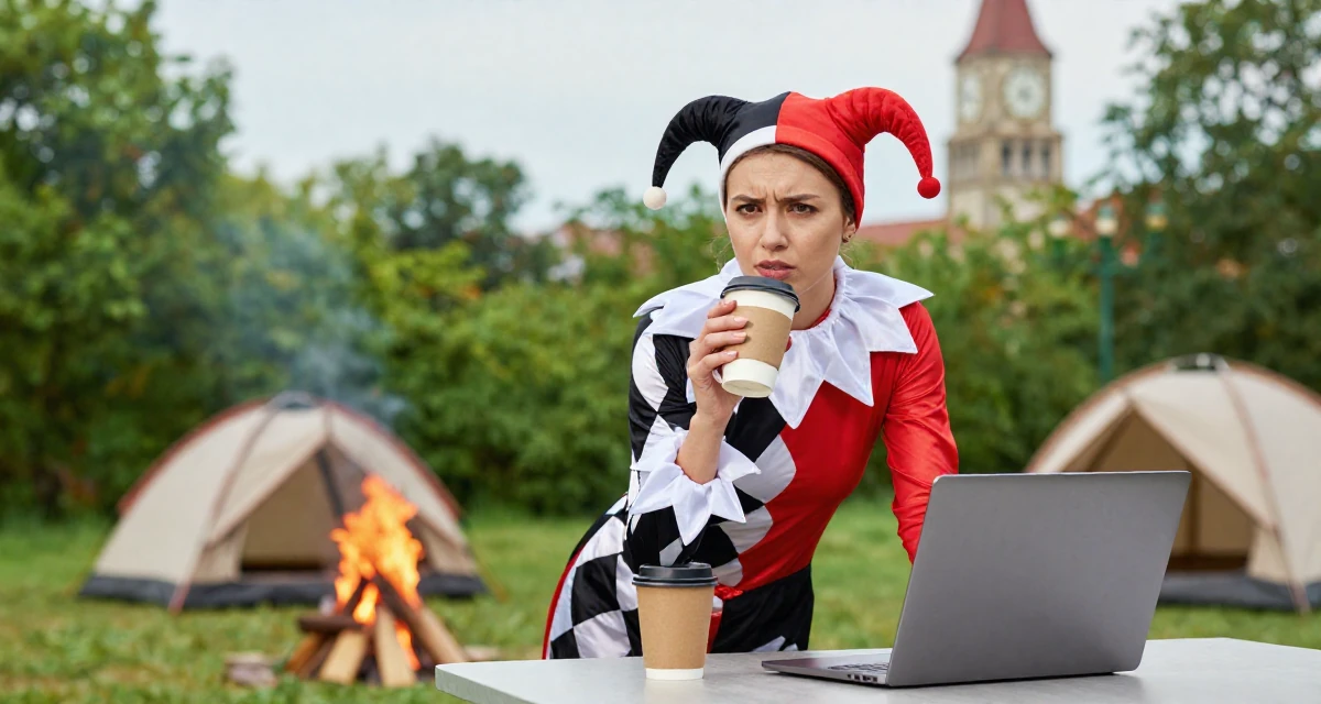 A stressed Female Born overseas, studied communication studies in their 20, fueled by caffeine and late-night ambition, wearing a harlequin jester costume with a diamond pattern, holding a laptop in a campfire circle.