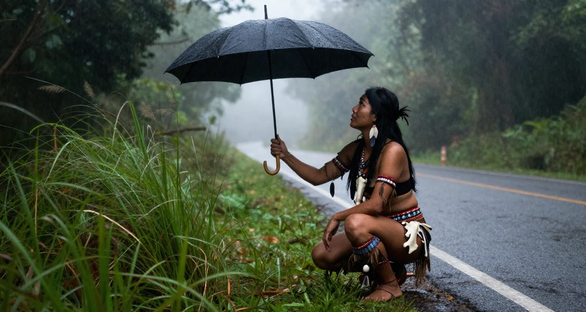 A alert and attentive Female From the Philippines, majored in mass media in their 33, considering switching careers, wearing a tribal shaman outfit with feathers and bones, shaking rain off an umbrella in a dense misty forest.