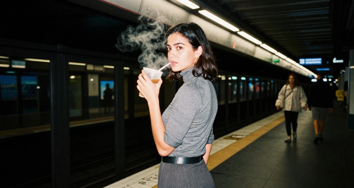 A sophisticated Female From Auckland New Zealand, explored intimate photography as personal therapy in their 41, sharing the reality of raising high schoolers, wearing a fitted turtleneck and skirt, rolling up sleeves in a subway platform.