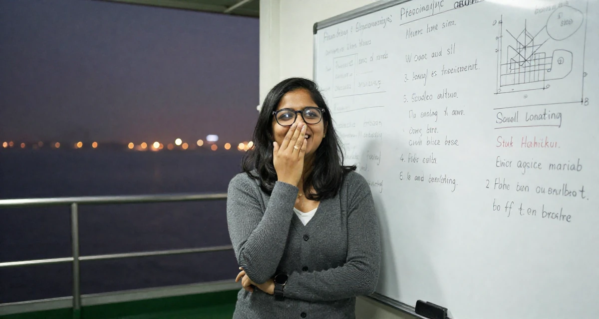 A fearless Female From Bangladesh, studied textile engineering in their 24, looking for meaning beyond the paycheck, wearing a librarian outfit with glasses and a tight cardigan, covering a laugh with one hand in a ferry deck.